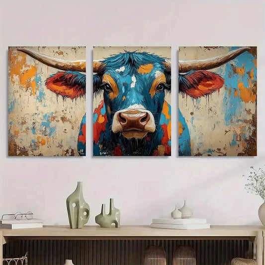 3pcs Painting Vibrant land Cow Charming Metal Print Ready to Hang Art