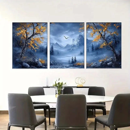 3pcs Artistic Mountain Landscape Golden Trees Metal Print Ready to Hang Art