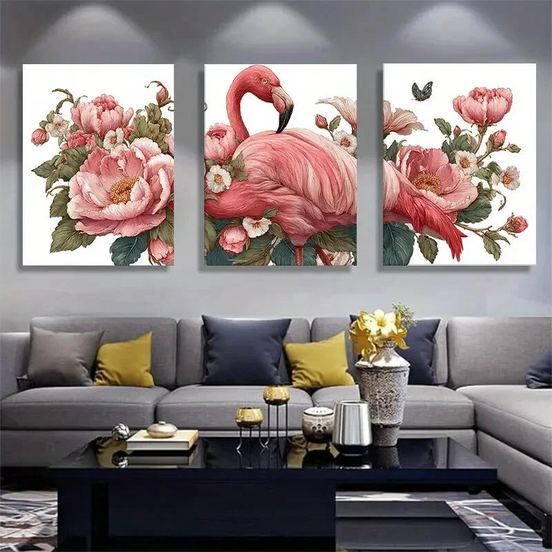 3pcs Flamingo and Peony Pink Floral Wall Art Metal Print Ready to Hang Art