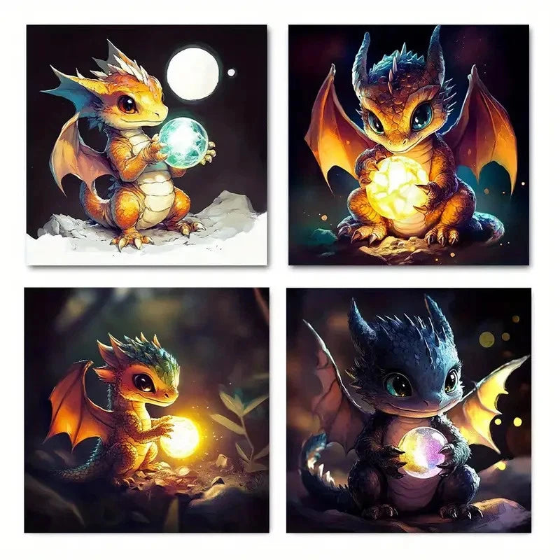 4pcs Modern Baby Dragon Wall Art Canvas Framed