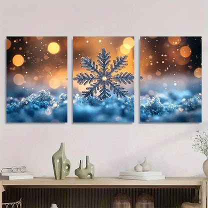 3pcs Winter Wonderland Snowflake & Frosty Bushes Metal Print Ready to Hang Art