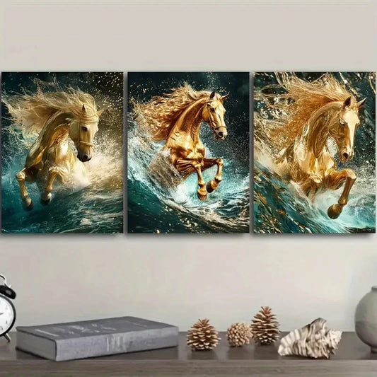 3pcs Golden Horse Classic Modern Style Metal Print Ready to Hang Art