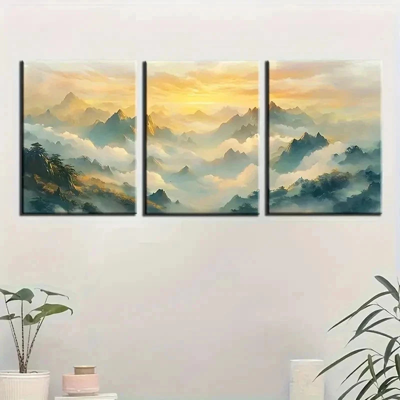 3pcs Serene Mountain Landscape With Sunset Wall Art Set Canvas Framed 40x60cm - High Quality Print 100% Australian Made Wall Canvas Ready to Hang