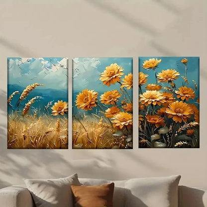 3pcs Yellow Flowers in a Field & Blue Sky Wall Art Set Canvas Framed 40x60cm - High Quality Print 100% Australian Made Wall Canvas Ready to Hang