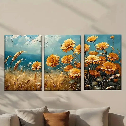 3pcs Yellow Flowers in a Field & Blue Sky Wall Art Set Canvas Framed 40x60cm - High Quality Print 100% Australian Made Wall Canvas Ready to Hang