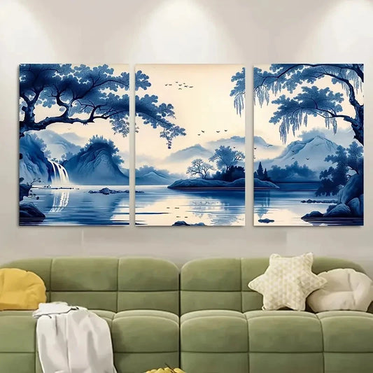 3pcs Chinese Landscape Painting with Tranquil Lake Metal Print Ready to Hang Art
