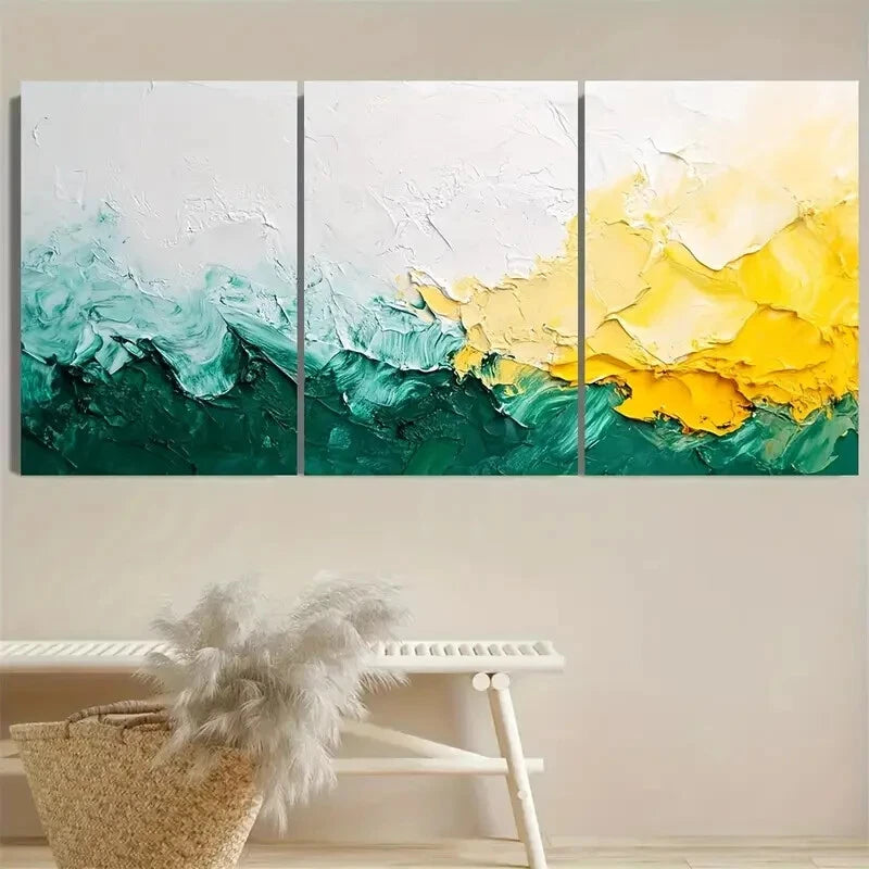 3pcs Vibrant Green, White & Yellow Textured Metal Print Ready to Hang Art