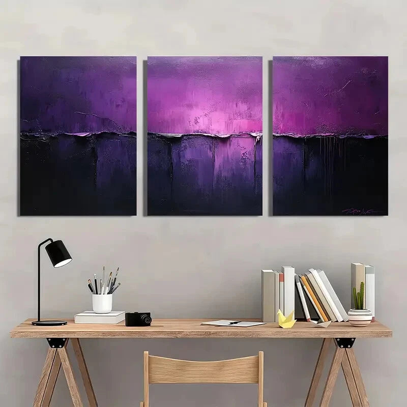 3pcs Abstract Blue Minimalist Painting Purple Metal Print Ready to Hang Art