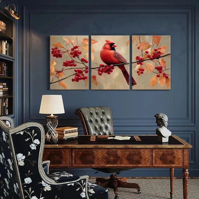 3pcs Cardinal Bird Red Berries Autumn Leaves Metal Print Ready to Hang Art