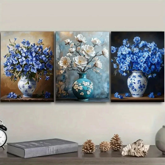 3pcs Canvas Painting Blue And White Vase Metal Print Ready to Hang Art