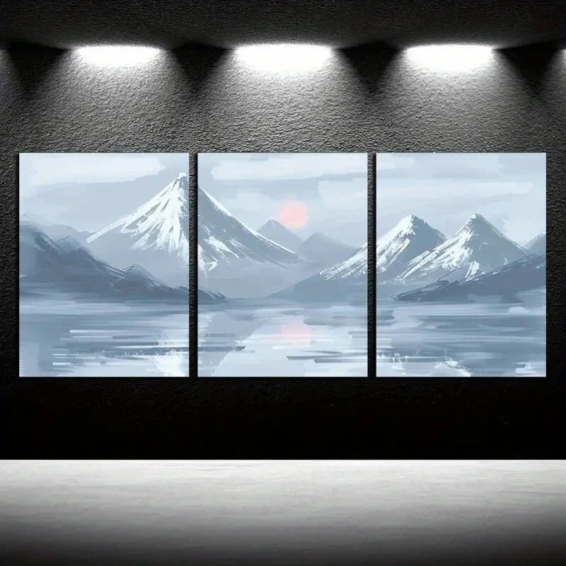3pcs Misty Snow Covered Mountains with lake Design Metal Print Ready to Hang Art