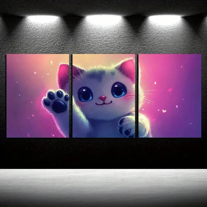 3pcs Vibrant Charming Cat with Outstretched Hand Metal Print Ready to Hang Art