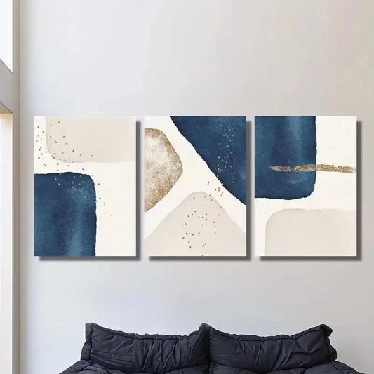 3pcs Abstract Blue and Beige Shape Splicing Metal Print Ready to Hang Art