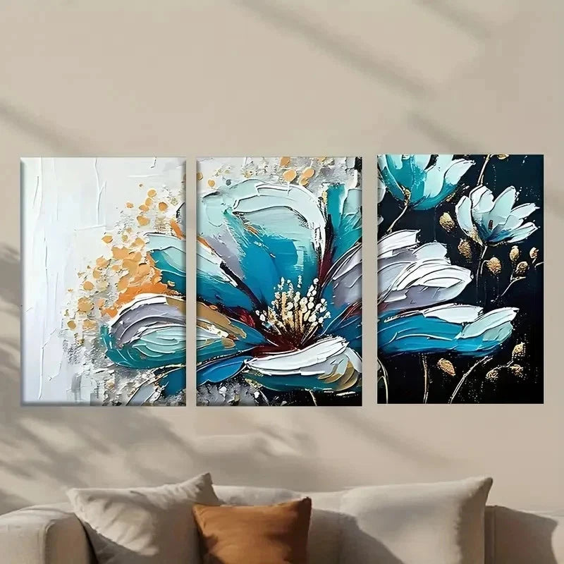 3pcs Blue Flowers with Golden Accent Wall Art Set Canvas Framed 40x60cm - High Quality Print 100% Australian Made Wall Canvas Ready to Hang