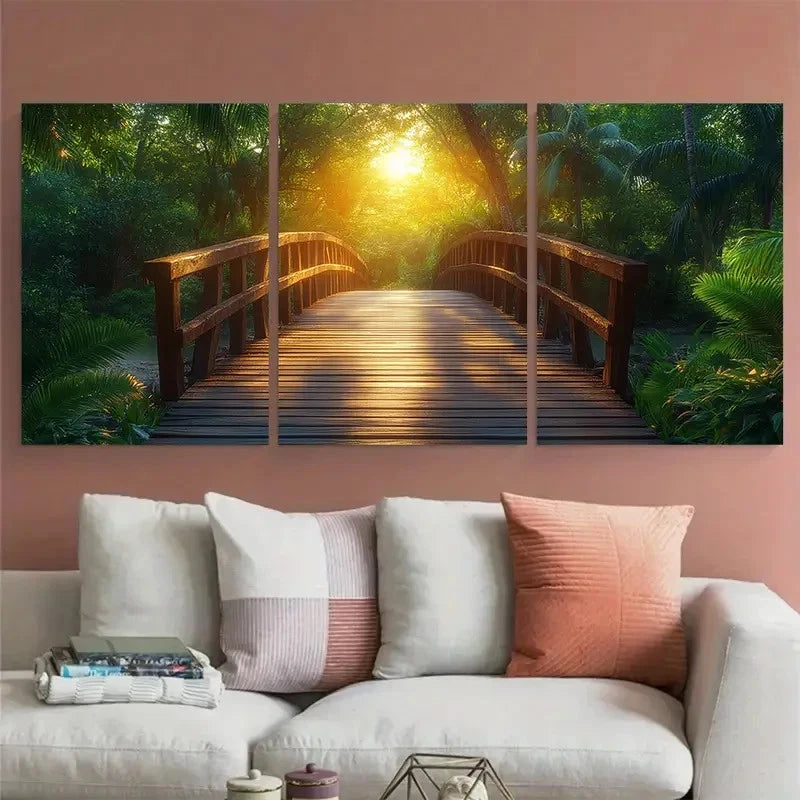3pcs Sunlit Wooden Bridge in Tropical Jungle Metal Print Ready to Hang Art