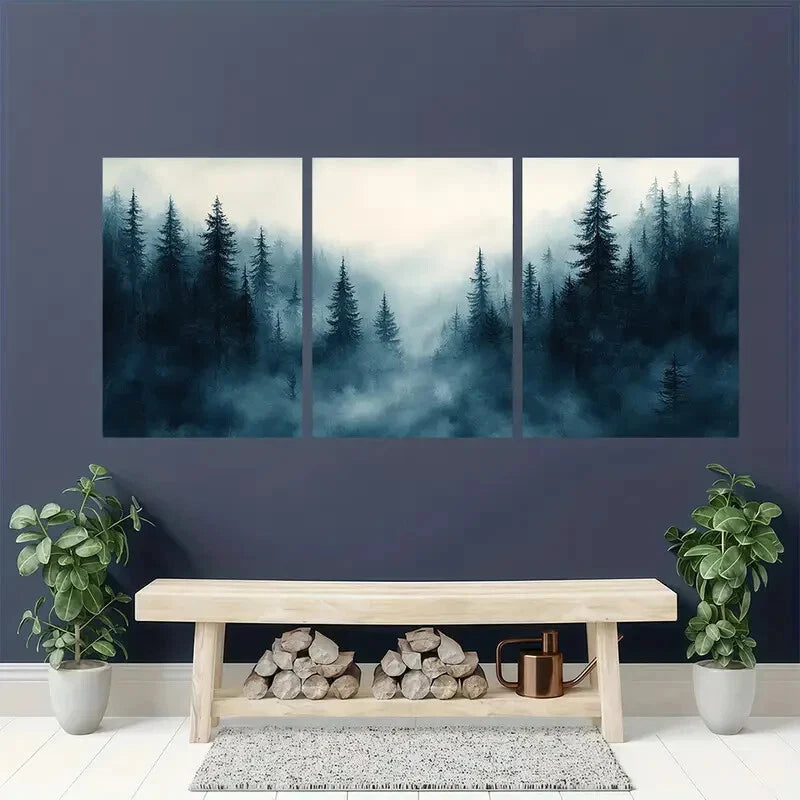 3pcs Foggy Pine Forest Watercolor Painting Metal Print Ready to Hang Art