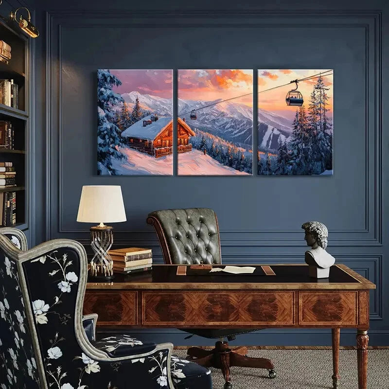 3pcs Winter Cabin Snowy Mountains Alpine Scenery Metal Print Ready to Hang Art