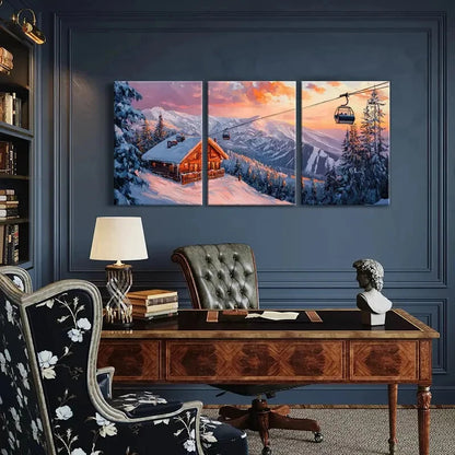 3pcs Winter Cabin Snowy Mountains Alpine Scenery Metal Print Ready to Hang Art