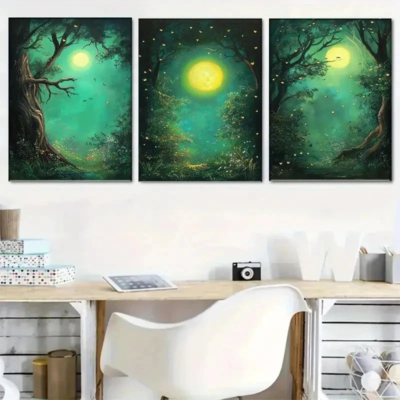 3pcs Enchanted Moonlit Forest Green Nature Metal Print Ready to Hang Art