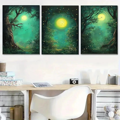 3pcs Enchanted Moonlit Forest Green Nature Metal Print Ready to Hang Art