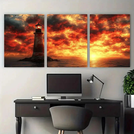 3pcs Weathered Lighthouse Fiery Sky with Seagull Metal Print Ready to Hang Art