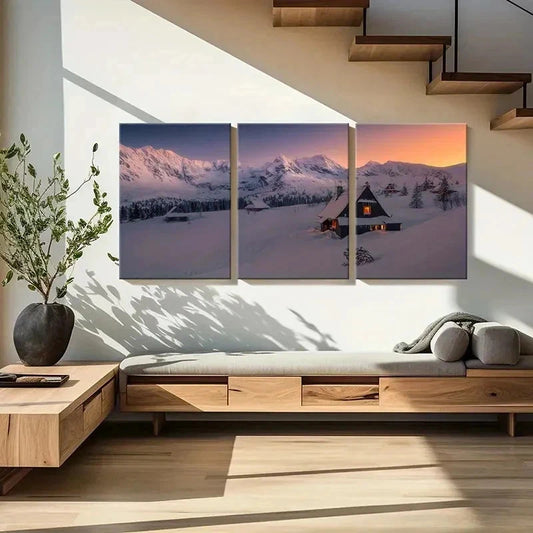 3pcs Snow Scene Cabin & Snow Mountain Landscape Wall Art Set Canvas Framed 40x60cm - High Quality Print 100% Australian Made Wall Canvas Ready to Hang
