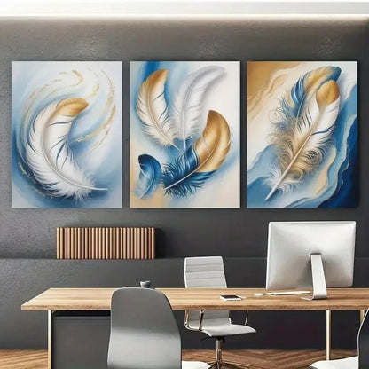3pcs Abstract Feather Blue Golden White Black Metal Print Ready to Hang Art