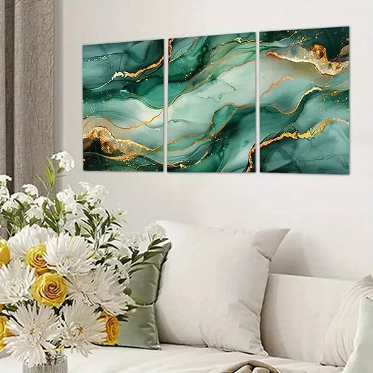 3pcs Green & Gold Abstract Design Canvas Framed 40x60cm - High Quality Print 100% Australian Made Wall Canvas Ready to Hang
