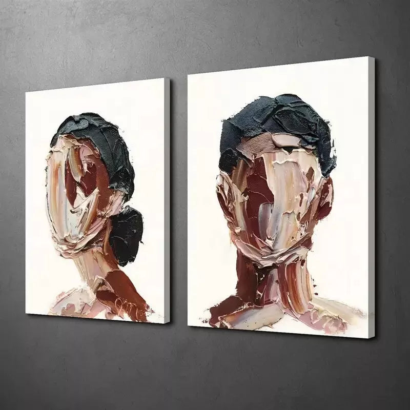 2pcs Painting, Man And Woman Portraits, Abstract Figure Oil Canvas Framed 50x75cm - High Quality Print 100% Australian Made Wall Canvas Ready to Hang