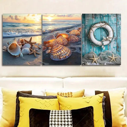 3pcs Beach Shells & Starfish Sandy Beach Scene Wall Art Set Canvas Framed 50x70cm - High Quality Print 100% Australian Made Wall Canvas Ready to Hang