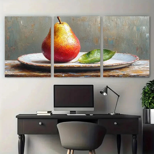 3pcs Pear on a Plate with a Leaf Metal Print Ready to Hang Art