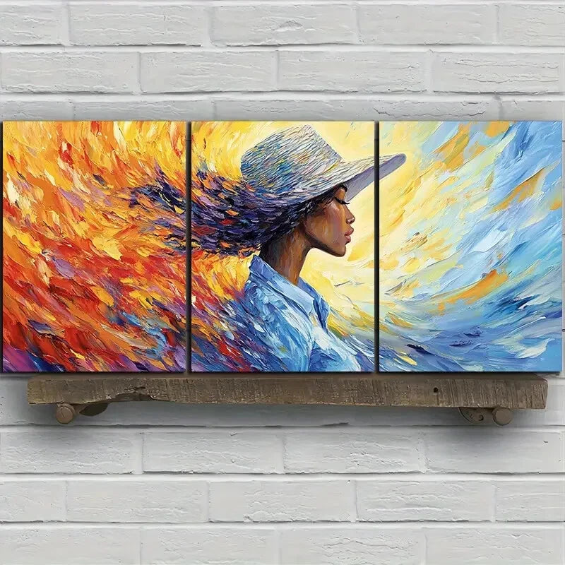 3pcs Elegant Trio Chic Woman in Sun Hat Metal Print Ready to Hang Art