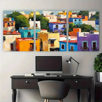 3pcs Vibrant Mexico Cityscape Bright Houses Metal Print Ready to Hang Art