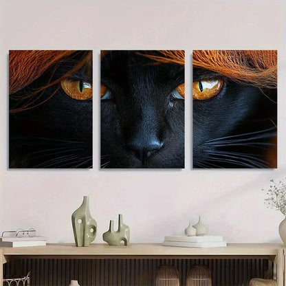 3pcs Charming Black Cat Stunning Gold Eyes Metal Print Ready to Hang Art