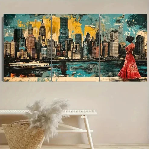 3pcs Cityscape Elegant Dress Urban Wall Art Set Canvas Unframed - High Quality Print 100% Australian Made Wall Canvas