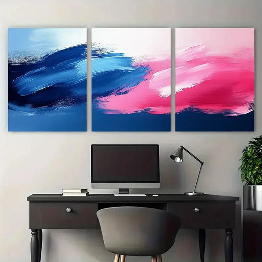 3pcs Abstract Blue Pink Brushstroke Design Metal Print Ready to Hang Art