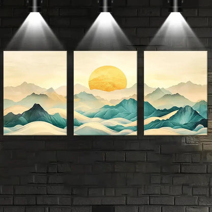 3pcs Serene Green Mountain Sunset Metal Print Ready to Hang Art