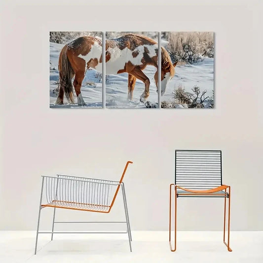 3pcs Snowy Winter Scene Horse Wall Art Set Canvas Framed 40x60cm - High Quality Print 100% Australian Made Wall Canvas Ready to Hang