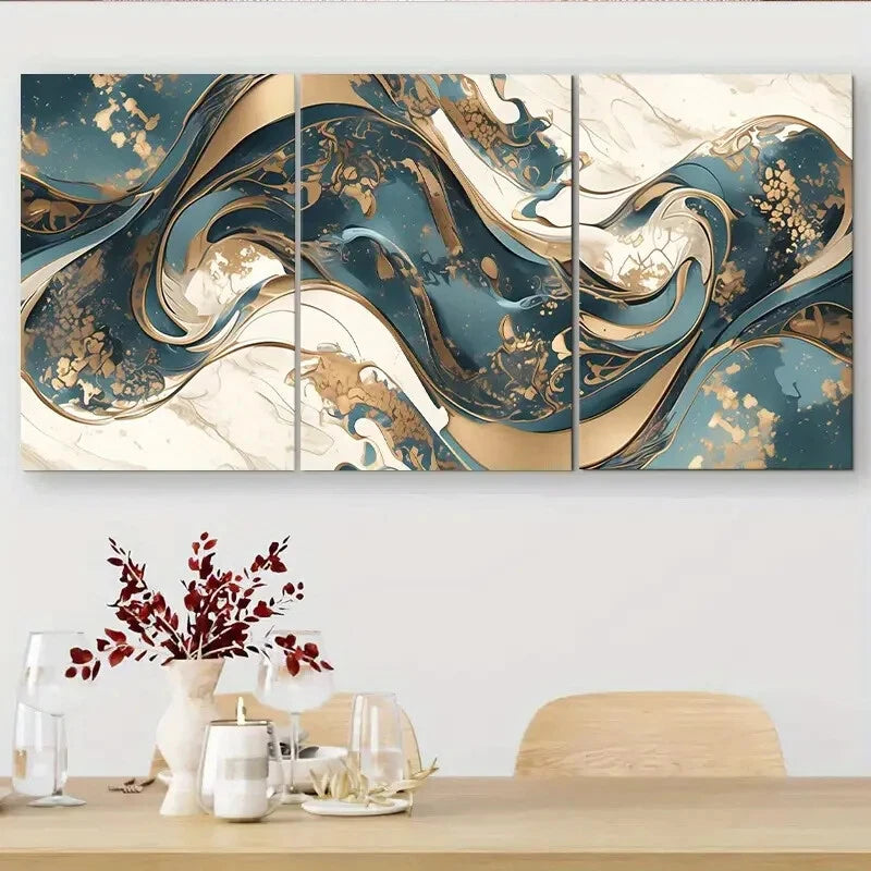 3pcs Golden & White Waves Dynamic Perfect Wall Art Set Canvas Framed 40x60cm - High Quality Print 100% Australian Made Wall Canvas Ready to Hang
