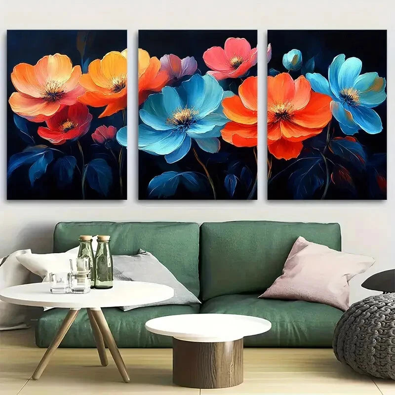 3pcs Vibrant Neon Flowers Black Background Metal Print Ready to Hang Art
