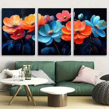 3pcs Vibrant Neon Flowers Black Background Metal Print Ready to Hang Art