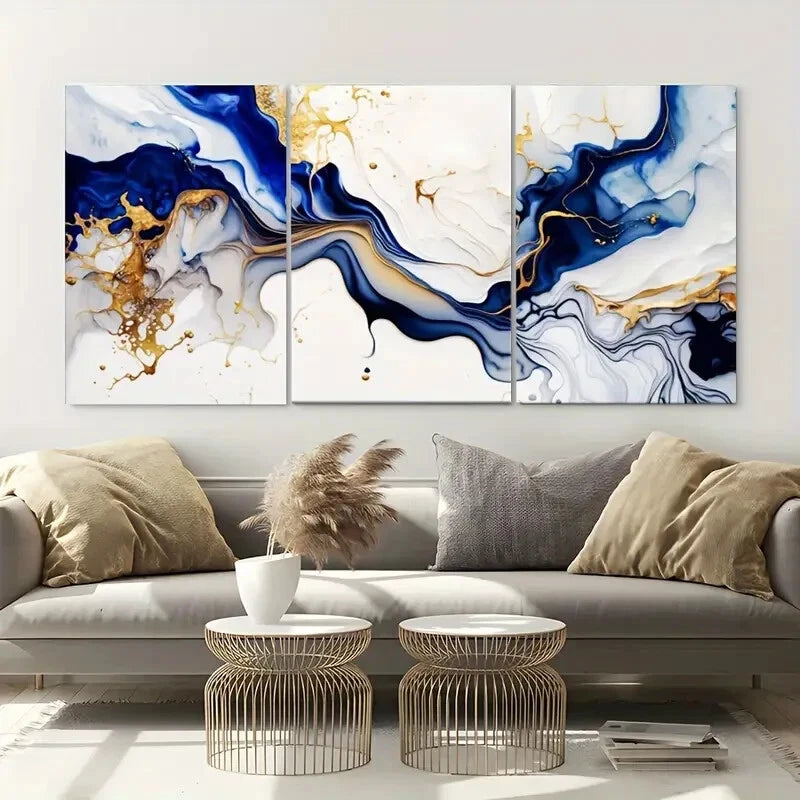 3pcs Midnight Blue Abstract Design Retro Geometric Metal Print Ready to Hang Art