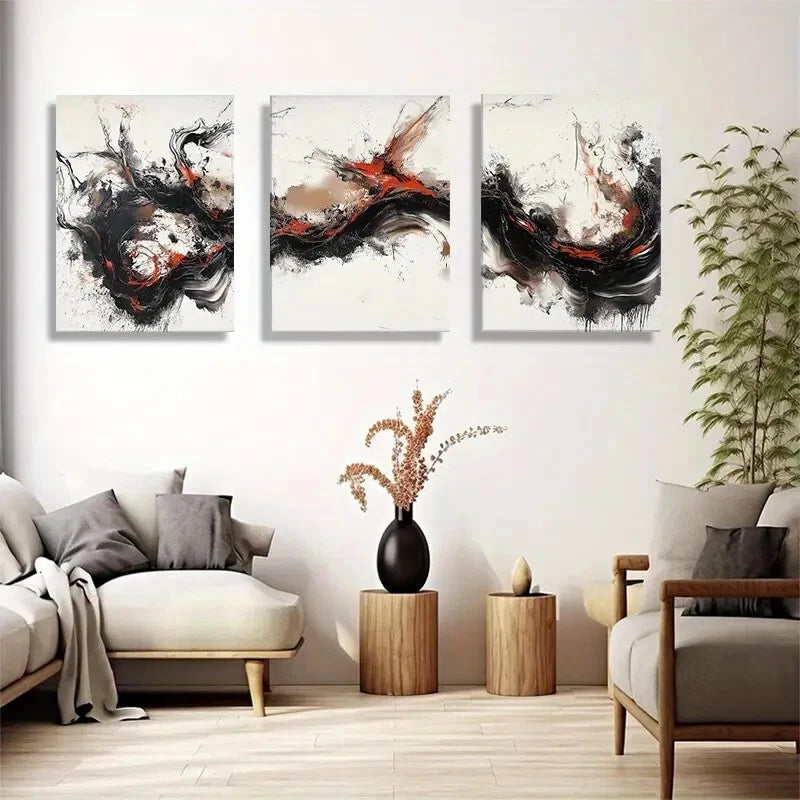 3pcs Dynamic Black Red and White Abstract Metal Print Ready to Hang Art