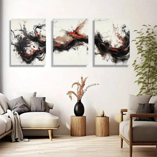 3pcs Dynamic Black Red and White Abstract Metal Print Ready to Hang Art