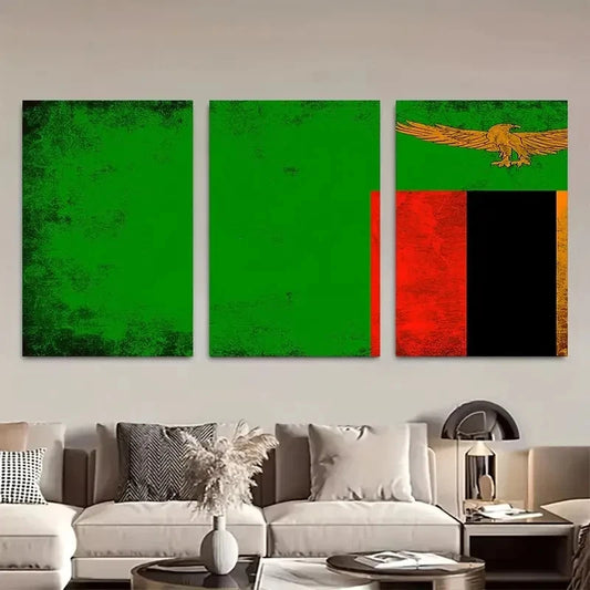 3pcs Zambia Country Flag Grunge Metal Print Ready to Hang Art