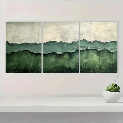 3pcs Abstract Green & White Textured Metal Print Ready to Hang Art