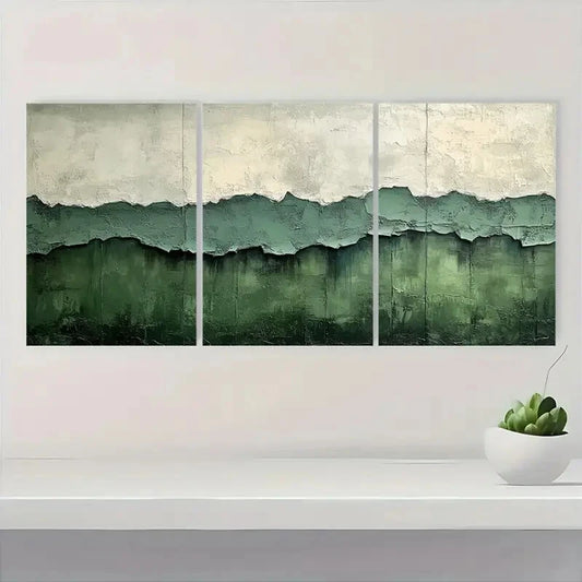 3pcs Abstract Green & White Textured Metal Print Ready to Hang Art