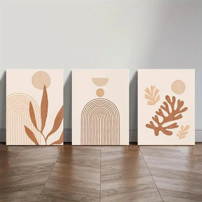 3pcs Neutral Abstract Plants Bohemian Style Metal Print Ready to Hang Art