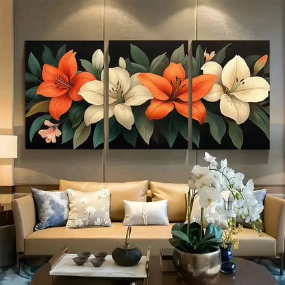 3pcs Floral Bouquet of Lilies and Green Leaves Metal Print Ready to Hang Art