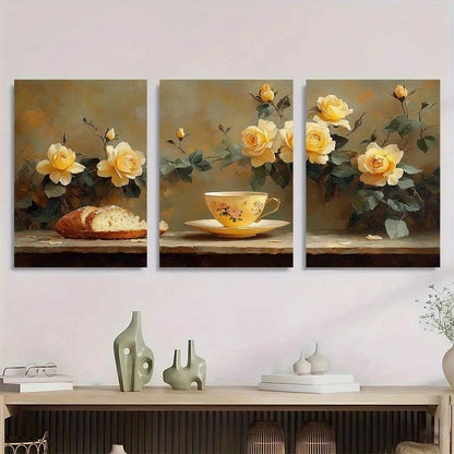 3pcs Vibrant Yellow Roses & White Flowers Metal Print Ready to Hang Art
